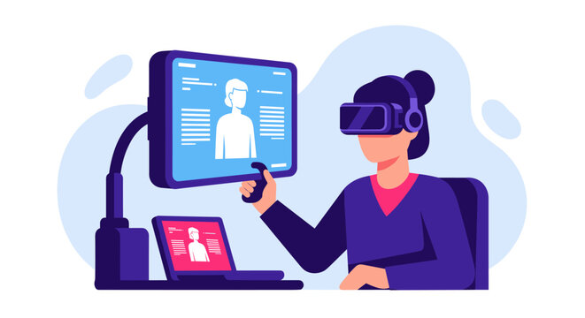 A person uses a virtual reality headset to interact with a floating digital interface displaying personal data in a clean, minimalist studio set with light blue tones.