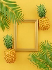 Fototapeta premium Pineapple and Palm Leaves Framing Empty Gold Picture Frame