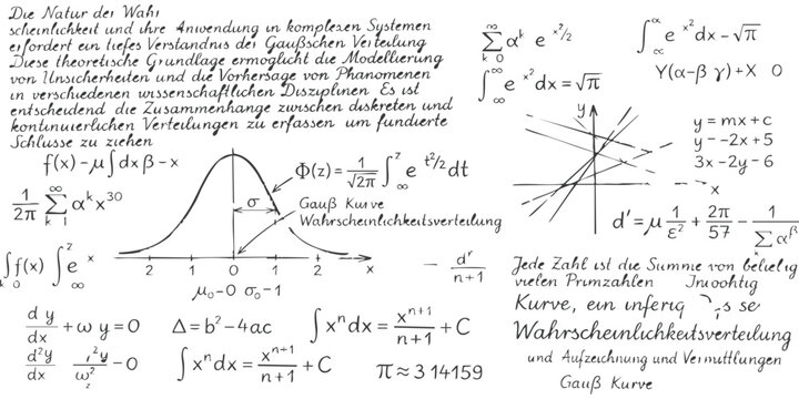 Mathematical equations and Gaussian distribution bell curve with handwritten text notes on a blackboard