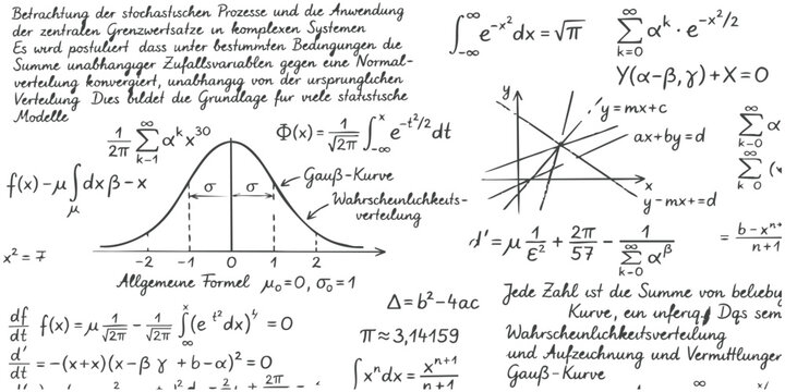 Handwritten mathematical formulas and normal distribution bell curve graph on a paper page