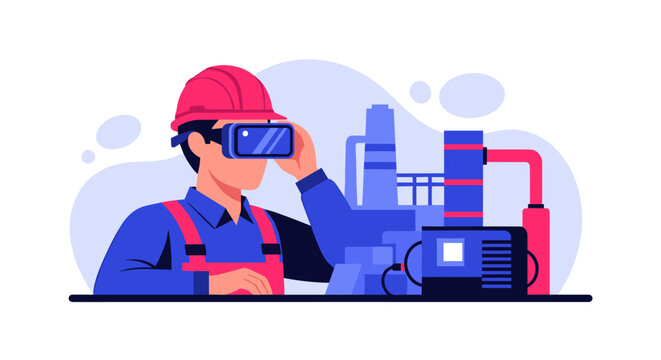 A construction worker wearing a pink hard hat and blue jumpsuit adjusts modern virtual reality goggles in front of a complex industrial facility with large pipes.