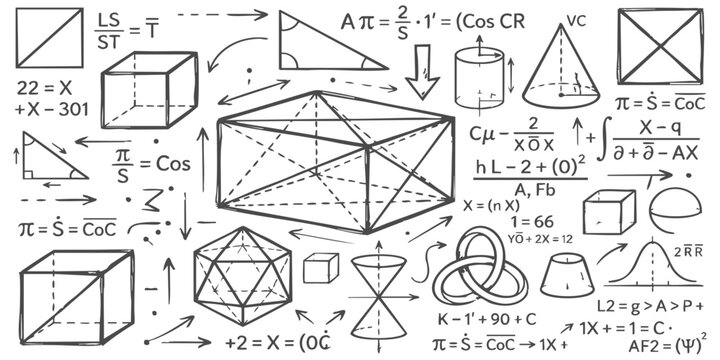 Hand drawn geometric shapes and mathematical formulas on a paper sheet for education and learning science