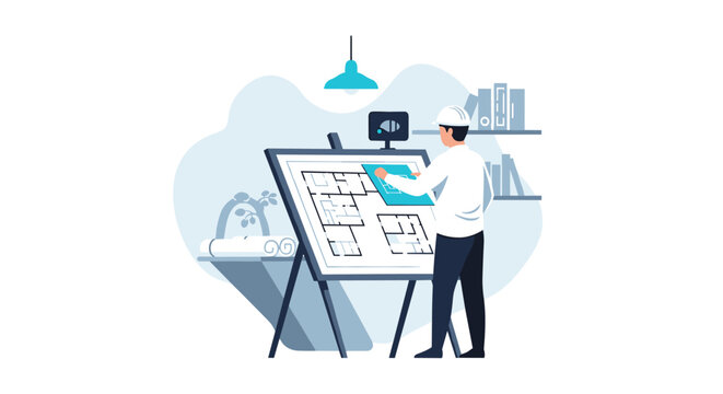 A lone male construction architect standing at a drafting board adjusts a blue floor plan paper sheet within a minimalist office studio with shelves filled with project folders.