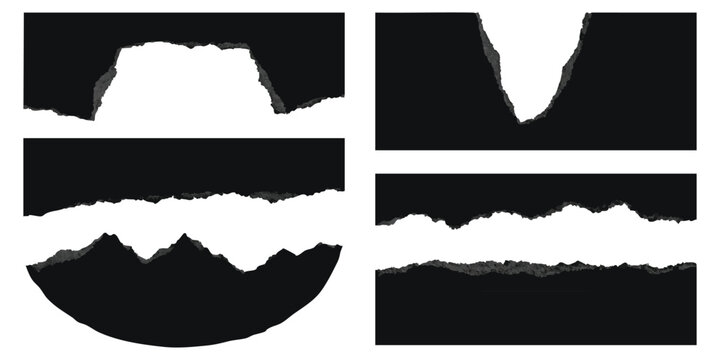Set of black paper edges with torn texture and rough borders for creative design projects