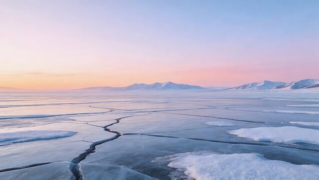 Frozen lake with cracked ice and mountain backdrop