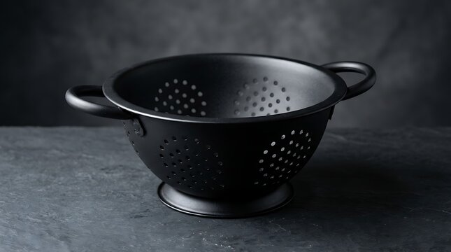 Black metal colander with handles on gray surface kitchen utensil