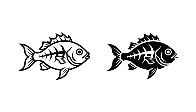 Fish skeleton icon set in line art and solid black silhouette for fishing industry and culinary graphic design