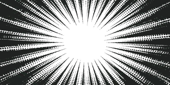 Black and white comic book speed lines background with radial halftone dot pattern for action and manga art style