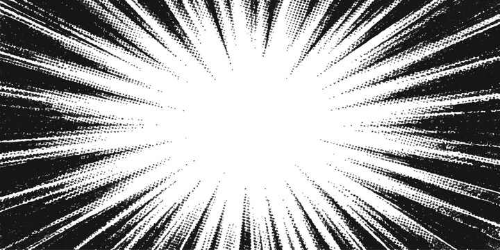 Black and white comic book style speed lines effect with sunburst rays for manga action and intense motion background