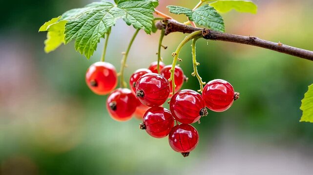 Vibrant red currants swing gently on branch in summer breeze