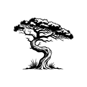 Black silhouette of a leafy tree with a trunk and roots, featuring a nature design vector illustration for forest and growth symbols