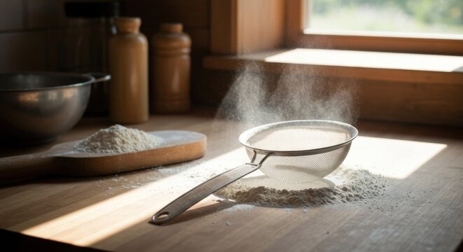 Kitchen scene with flour being sifted onto a wooden surface