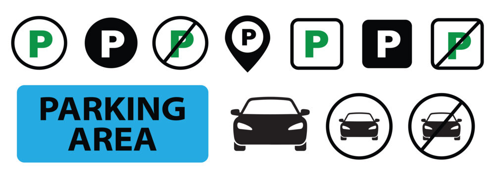 Collection of parking signs and symbols on white background including cars and restrictions