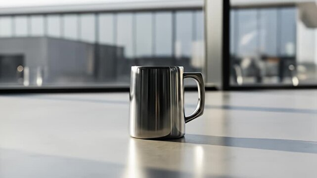 Stainless steel mug on a table with a large window in the background, illuminated