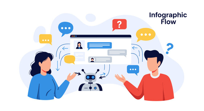 A man and a woman discuss information with a central robot helper near a chat window interface featuring speech bubbles in a light toned vector illustration.