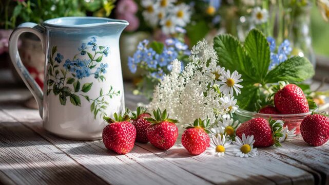 Fresh strawberries and flowers on a wooden table in spring with a white pitcher in natural light