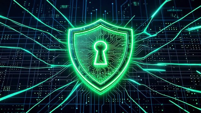 Cybersecurity shield with circuit background emphasizing advanced technology and cybersecurity