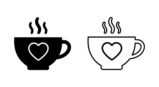 Black and white heart coffee cup icons with steam rising