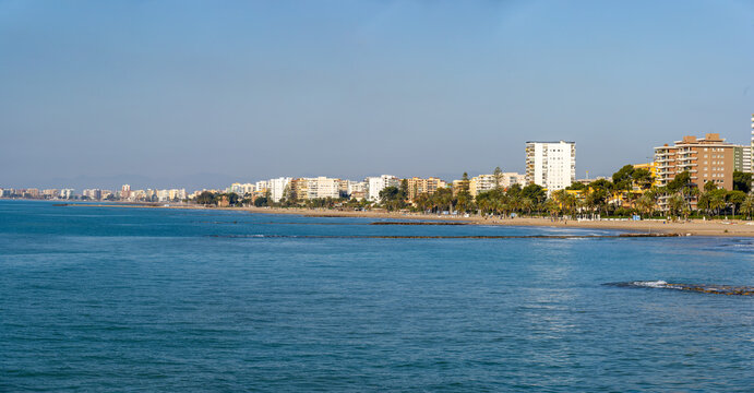 Benicasim Beach Panorama on the Mediterranean Coast in Valencia, Spain at Sunny Day