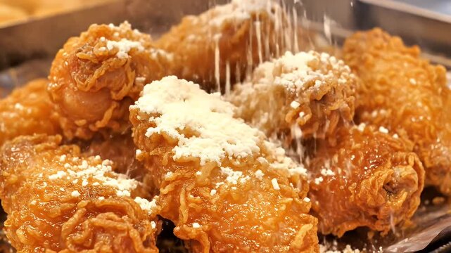 Golden Fried Chicken Pieces Glazed with Sweet Sauce and Sprinkled with Parmesan Cheese A Delicious Appetizer CloseUp Shot