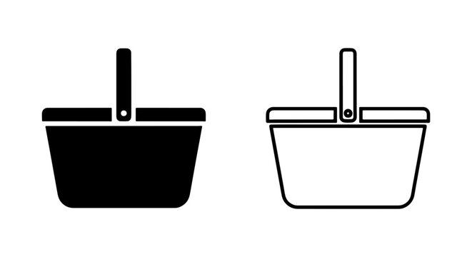Black and white line icon set of two identical bucket and handle objects in filled and outline style