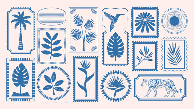 Tropical summer elements in frames, exotic geometric pattern vector illustration, jungle nature sticker set with leopard, palm tree, toucan, flowers, hibiscus, parrot, leaves, and plumeria, vibrant.
