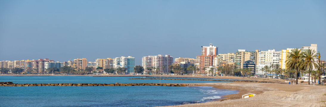 Benicasim Beach Wide Panorama on the Mediterranean Coast in Valencia, Spain at Sunny Day