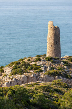 Torre Colometa Coastal View in Oropesa del Mar, Castellon, Spain, Vertical Image
