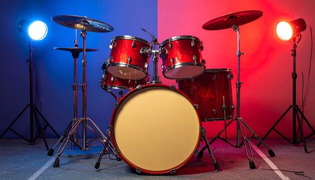 A polished red drum set glows under blue and red studio lights on stage.