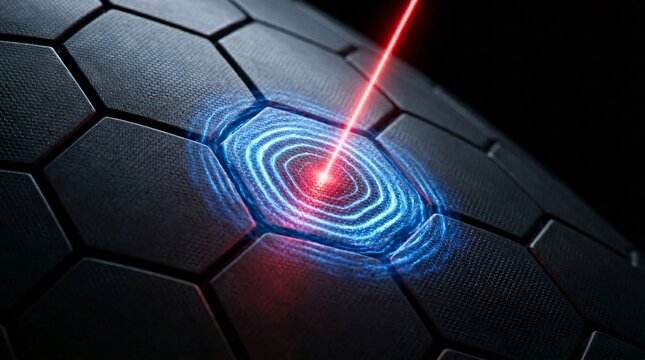 Cyber warfare defense and zero day threat mitigation concept featuring red laser impact on hexagonal digital armor with blue energy ripple force field for enterprise