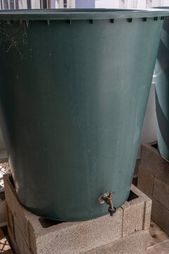 Rainwater Harvesting in Green Rain Barrel with Faucet for Sustainable Garden Irrigation