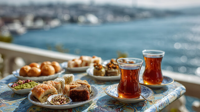 turkish tea by sea with traditional desserts