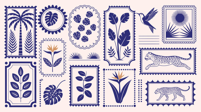 Tropical summer elements in frames, exotic geometric pattern vector illustration, jungle nature sticker set with leopard, palm tree, toucan, flowers, hibiscus, parrot, leaves, and plumeria, vibrant.