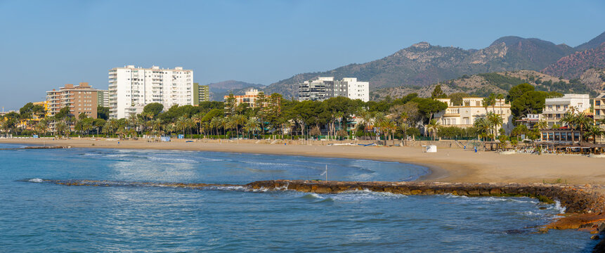 Benicasim Beach on the Mediterranean Coast in Valencia, Spain at Sunny Day, Panorama