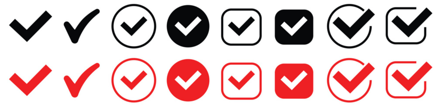 Collection of various checkmark icons in black and red on isolated white background for approval and confirmation