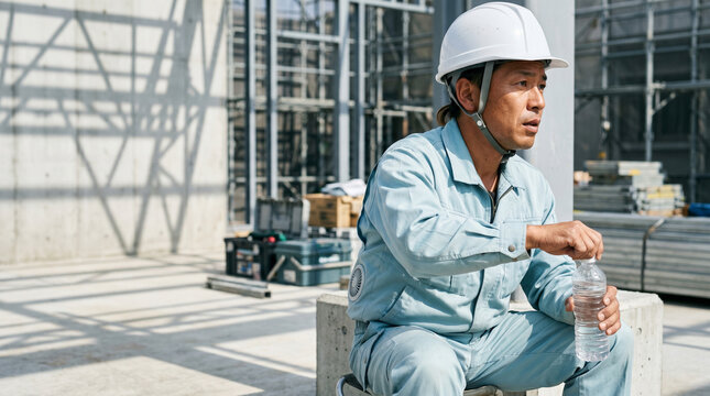 日本人男性のブルーワーカーが施工現場のコンクリートの上で休憩し熱中症対策の水を飲む現場作業の風景、水色の作業服を着て一息つく建設作業員の全身
