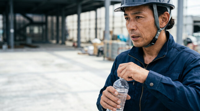日本人男性のブルーワーカーが過酷な施工現場で熱中症対策の水分補給をしようとする現場作業の様子、紺色の空調服を着用し汗を拭う建設作業員の上半身