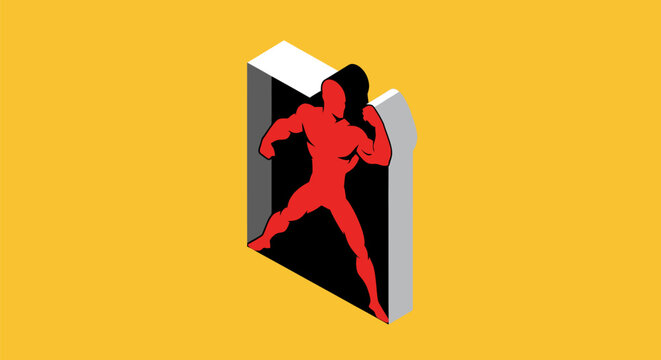 Stylized red figure emerging from a dark confined box on a yellow background