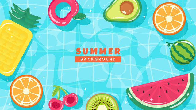 Summer pool background vector illustration. Top view of swimming pool with fruit pool rafts