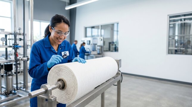 Female technician inspecting water filter membrane