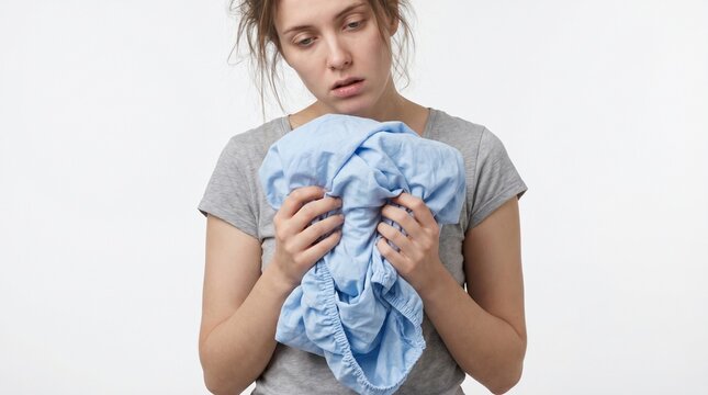 Defeated person staring at crumpled fitted bedsheet