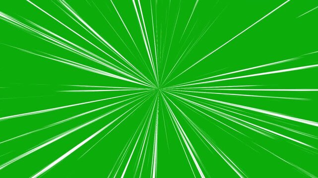 radial anime speed lines on green screen, white zoom burst speed effect on chroma key background. comic style radial speed lines.
