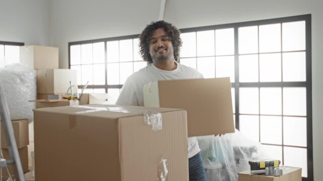Young indian man lifting and stacking cardboard boxes in a new home building, wearing white t shirt and sorting packed moving supplies; fresh start contentment.
