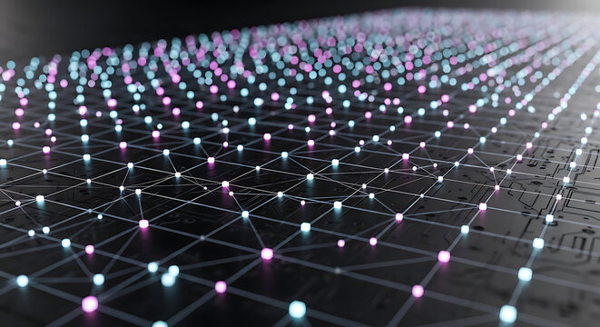 Perspective view of a digital network grid with interconnected nodes and lines