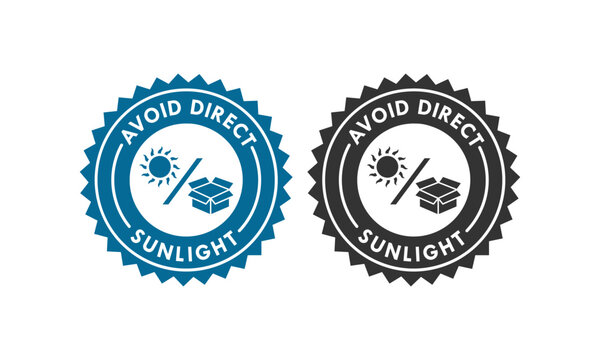 Avoid direct sunlight packaging instruction logo featuring sun and box icons. Essential safety sign for product handling, storage, and shipping labels. Professional vector design.