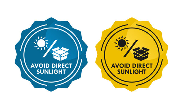 Avoid direct sunlight packaging instruction logo featuring sun and box icons. Essential safety sign for product handling, storage, and shipping labels. Professional vector design.