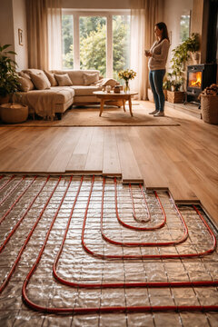 Underfloor radiant heating system installation beneath wooden flooring in modern cozy living room with woman, fireplace, and natural light from large windows.