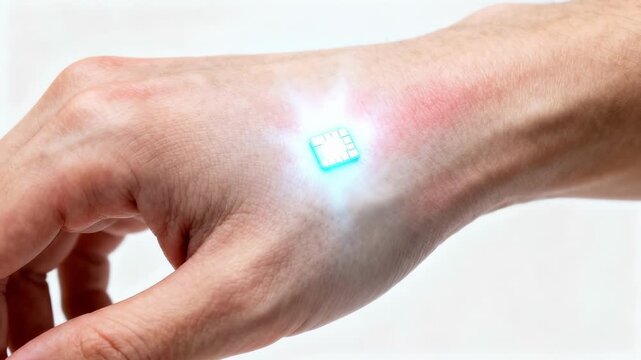White Hand With Glowing Blue Microchip Activation. Small Square Implant Emits Cool Blue Pulses, Surrounding Skin Shows Mild Redness, Light Intensifies Then Stabilizes Suggesting Data Transmission.