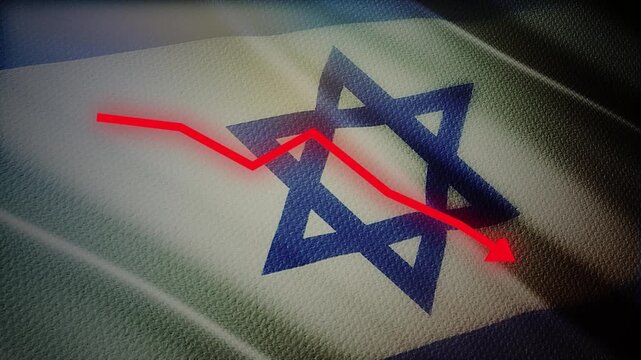 Israel Flag with Red Financial Graph Chart &ndash; Economic Decline, Market Crisis and Inflation Concept