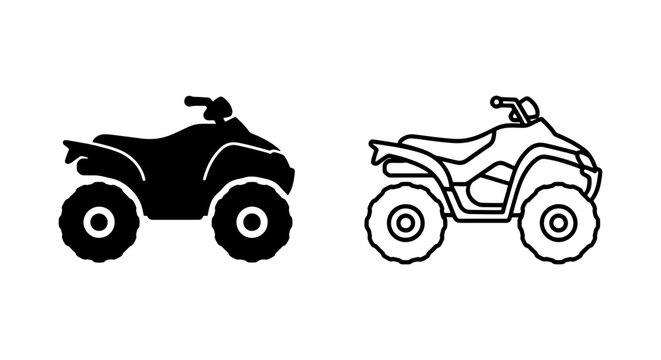 Black and white line art of two allterrain vehicles side by side on a clean background